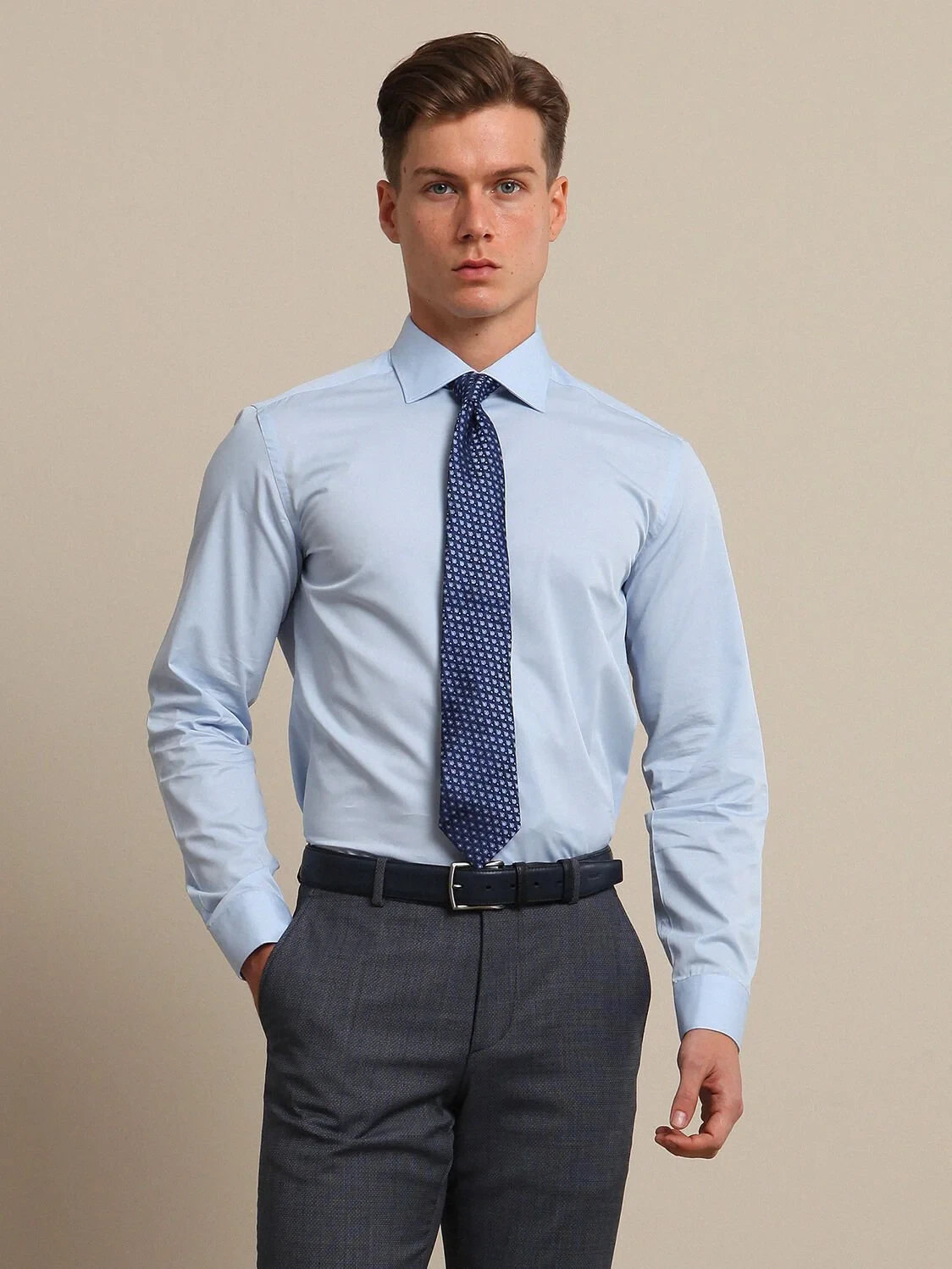 Light Blue Plain Regular Fit Weaving Classical 100% Cotton Shirt - 3