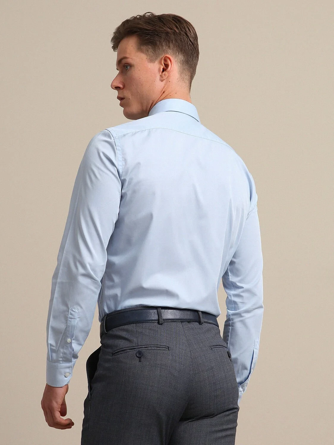 Light Blue Plain Regular Fit Weaving Classical 100% Cotton Shirt - 4