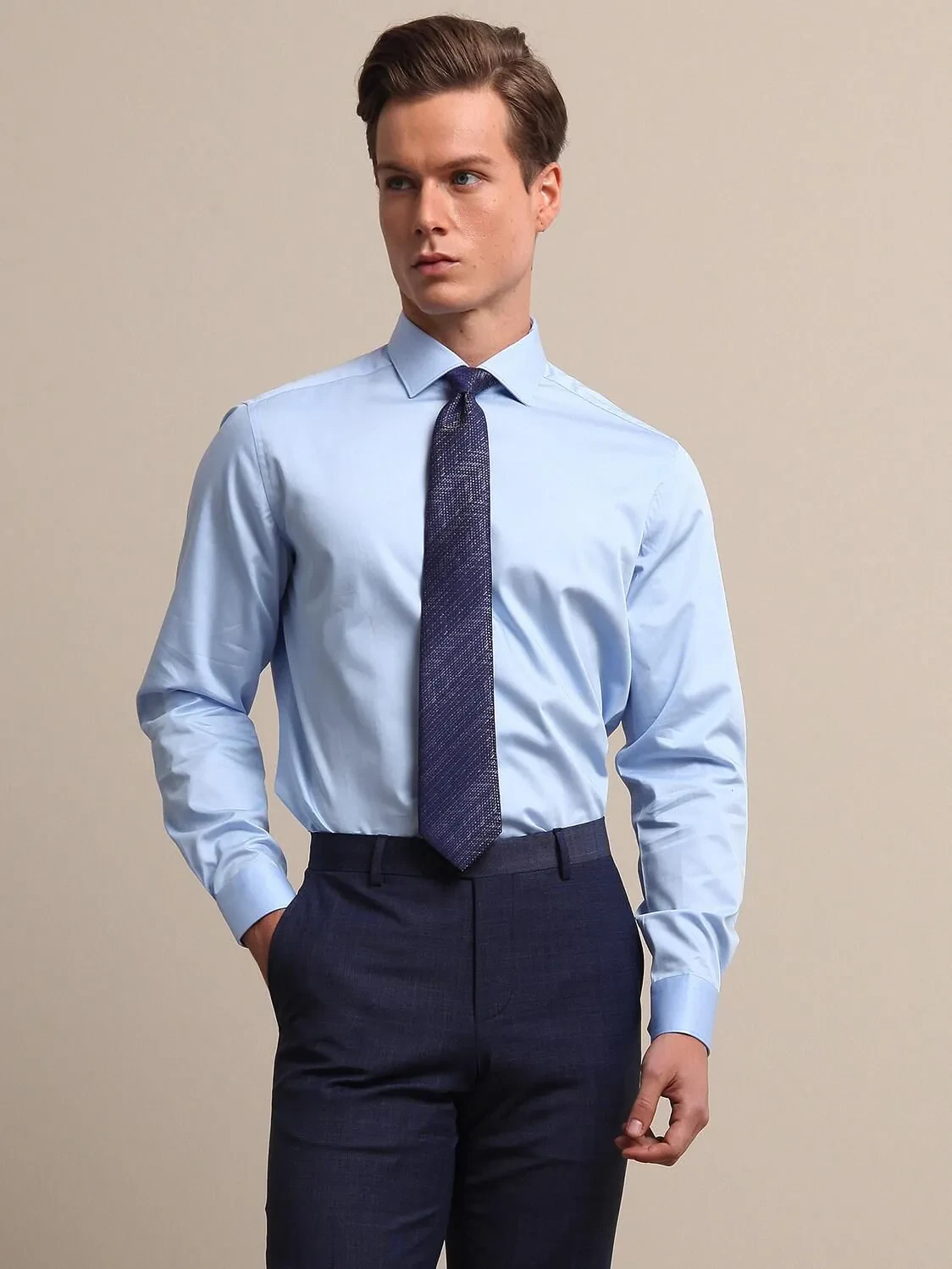 Light Blue Plain Regular Fit Weaving Classical 100% Cotton Shirt - 1