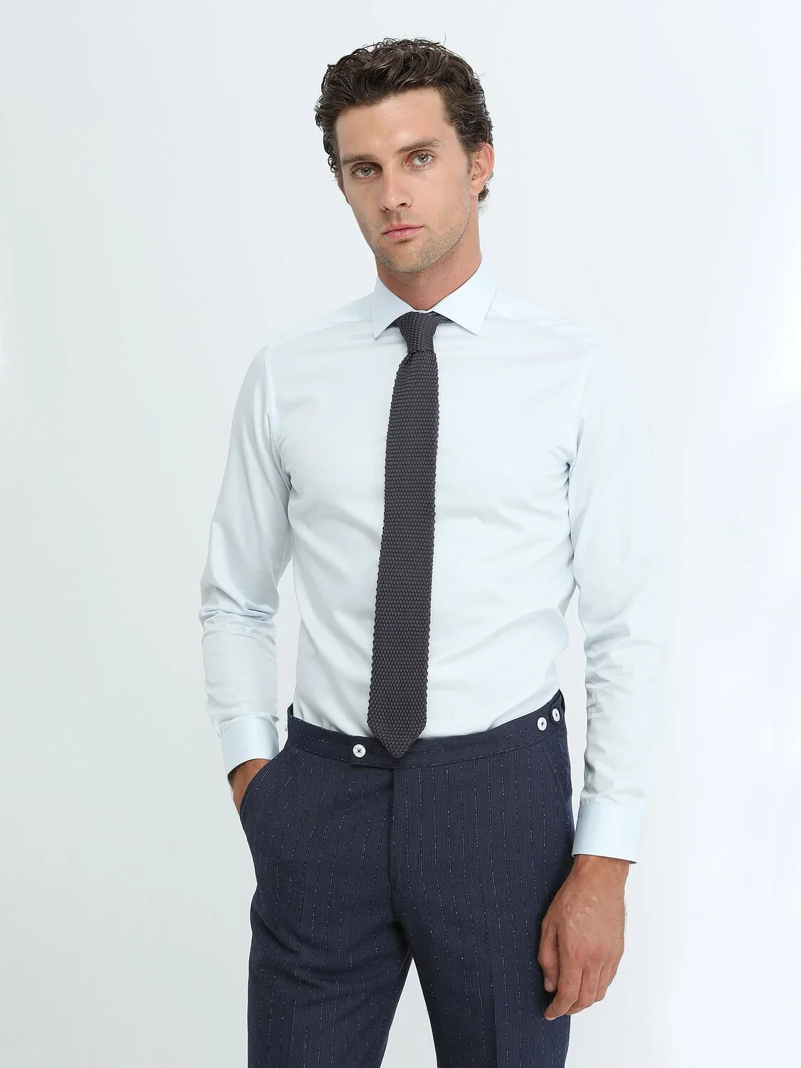 Light Blue Plain Regular Fit Weaving Classical 100% Cotton Shirt - 1