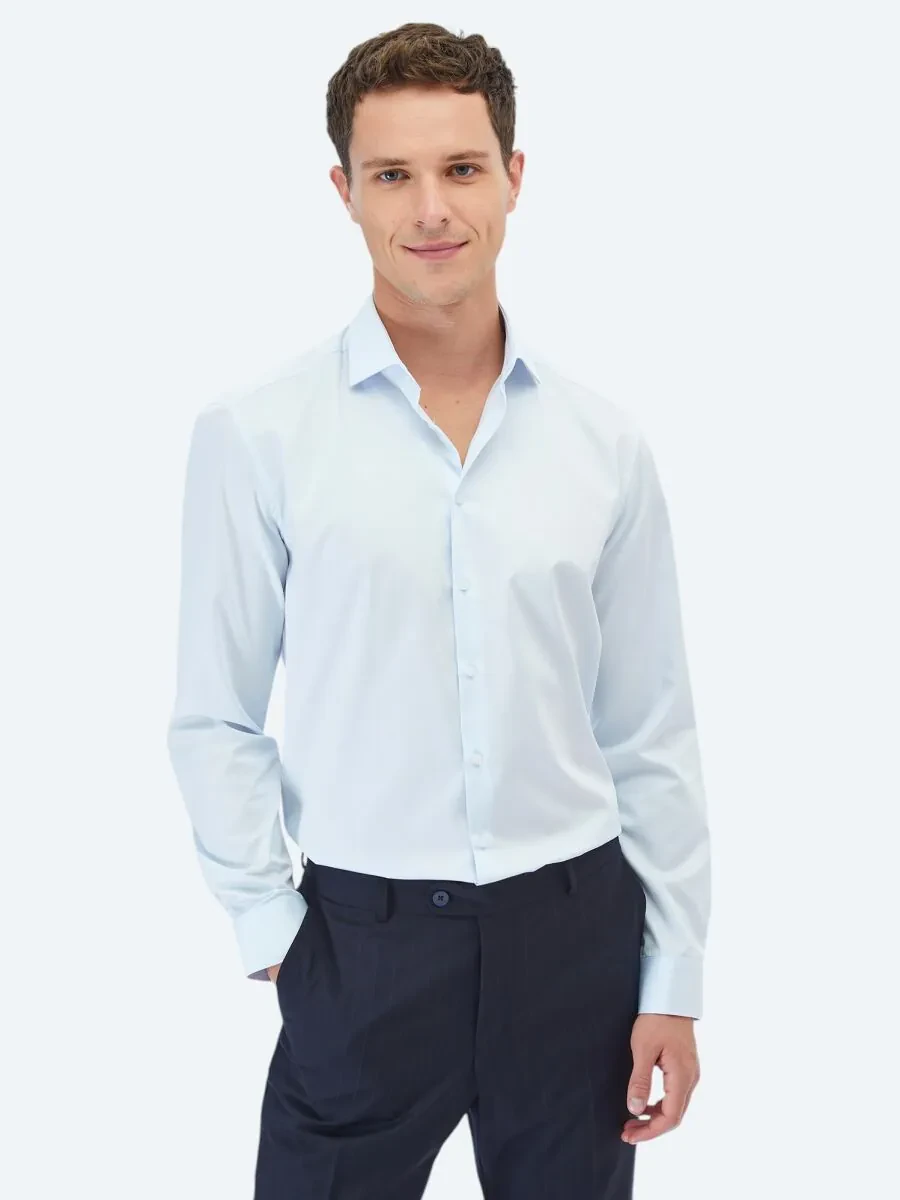Light Blue Plain Regular Fit Weaving Classical 100% Cotton Shirt - 1