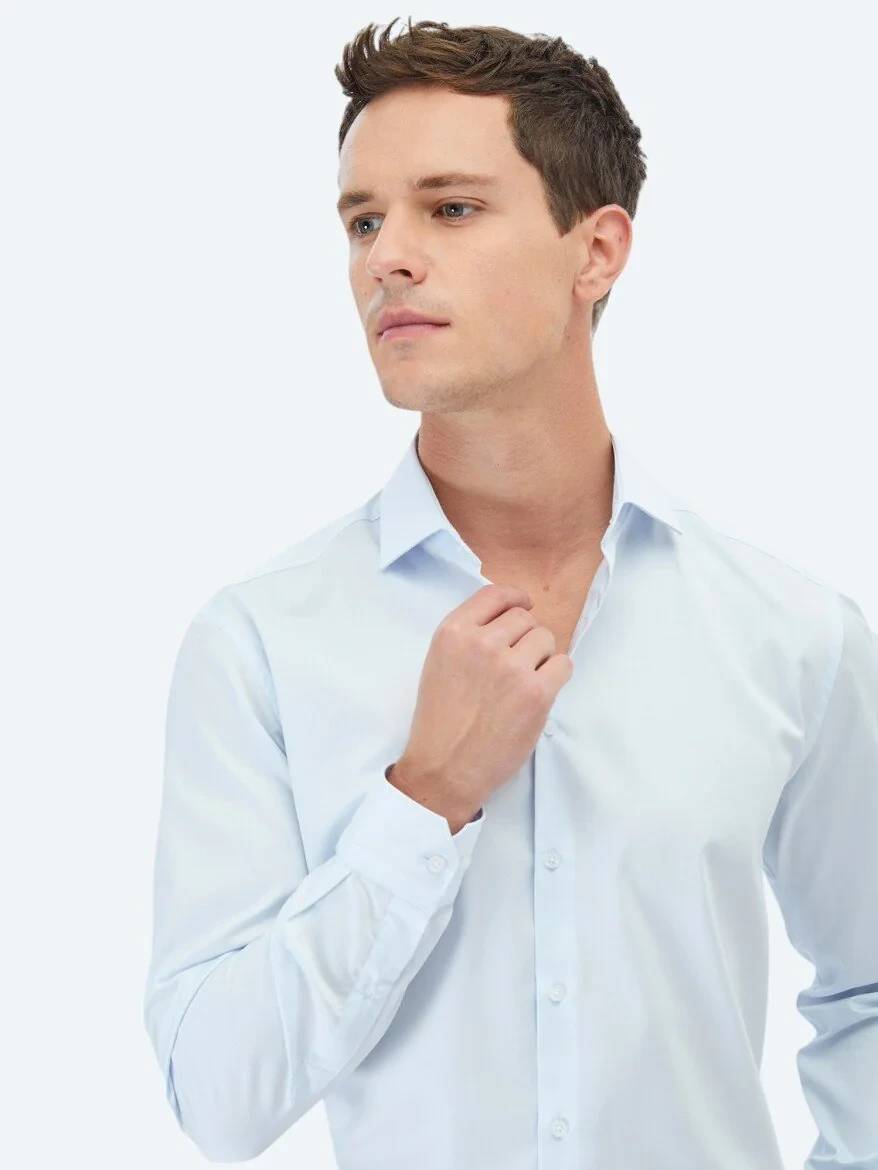 Light Blue Plain Regular Fit Weaving Classical 100% Cotton Shirt - 3