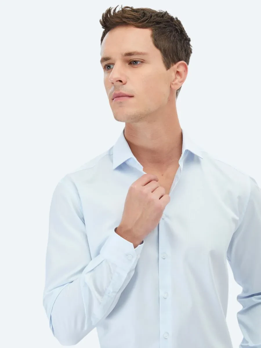 Light Blue Plain Regular Fit Weaving Classical 100% Cotton Shirt - 3