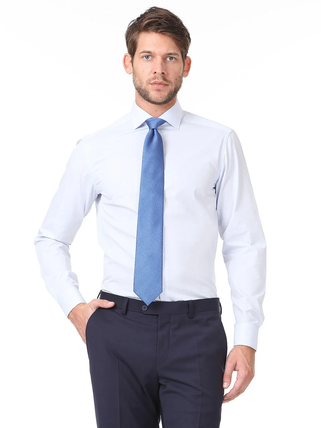 Light Blue Plain Regular Fit Weaving Classical Cotton Blended Shirt - 1