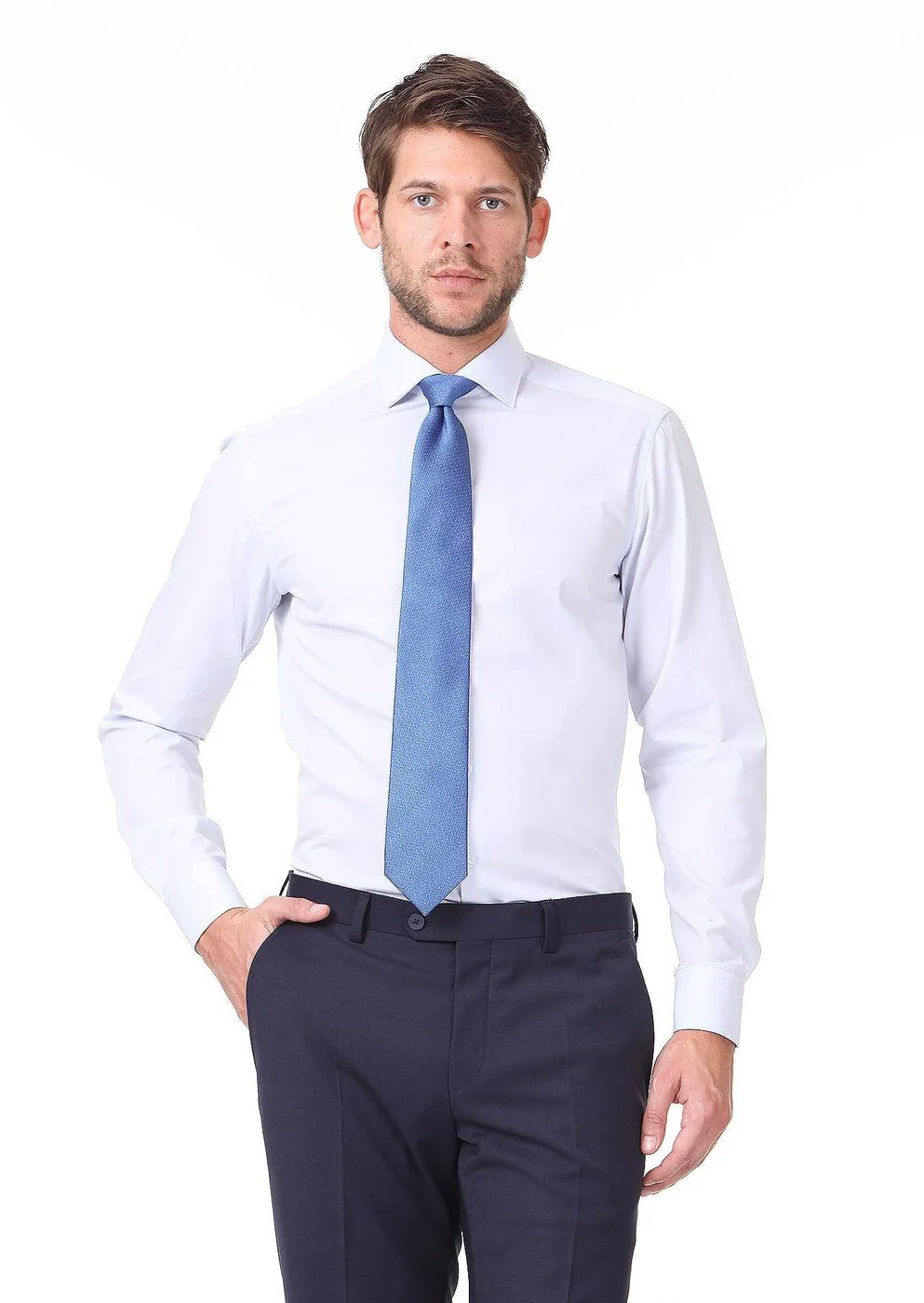Light Blue Plain Regular Fit Weaving Classical Cotton Blended Shirt - 1