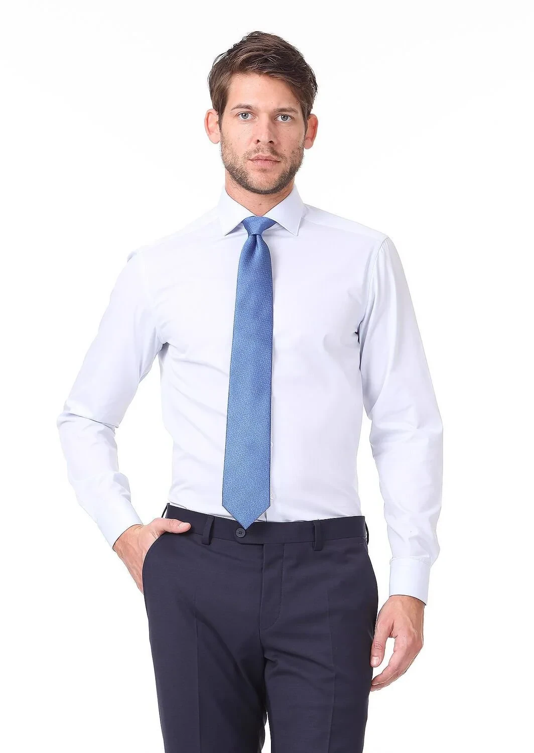 Light Blue Plain Regular Fit Weaving Classical Cotton Blended Shirt - 1
