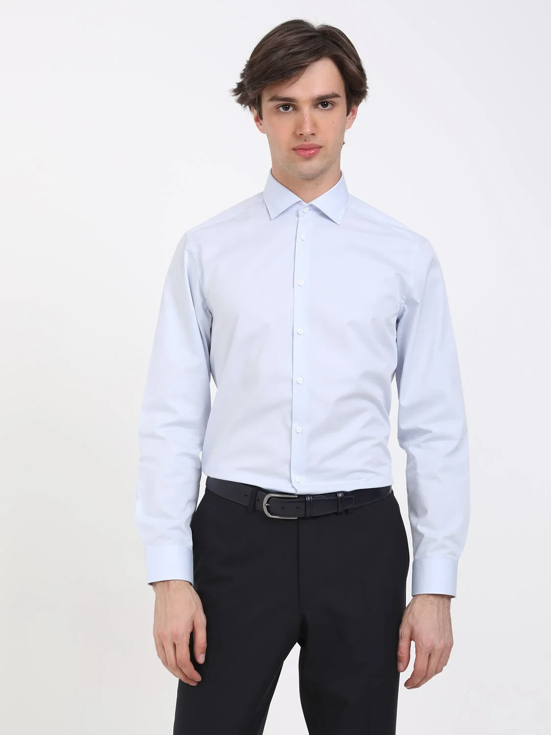 Light Blue Plain Regular Fit Weaving Classical Cotton Blended Shirt - 1