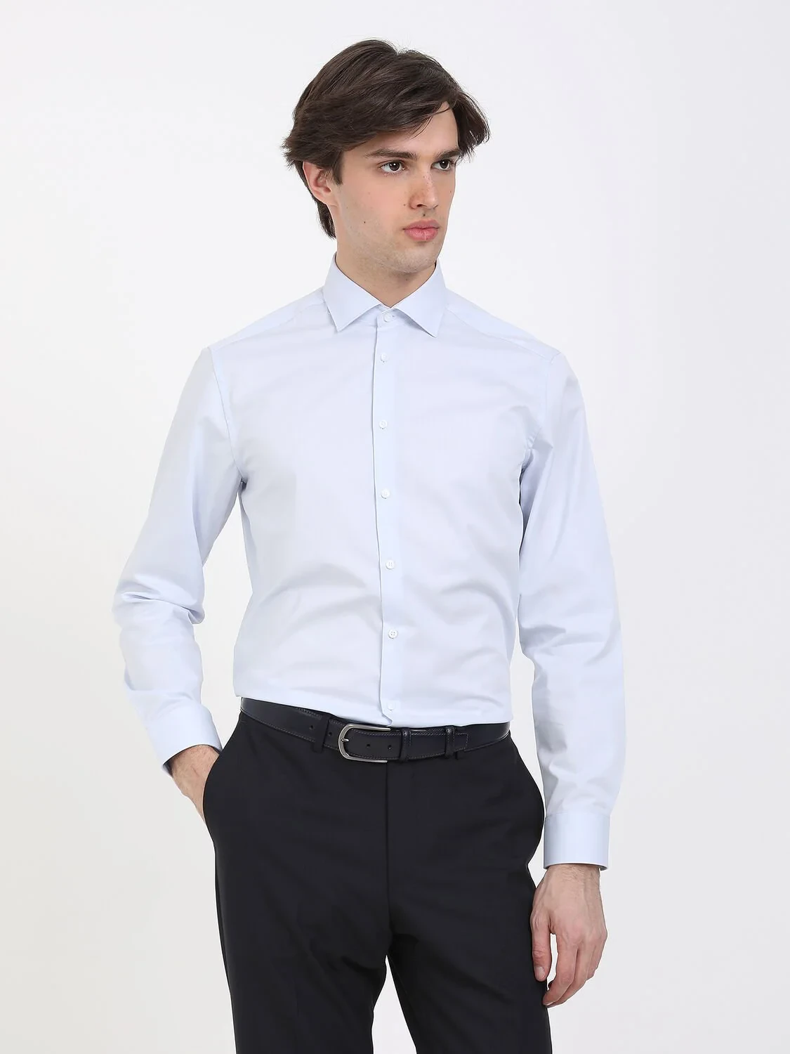 Light Blue Plain Regular Fit Weaving Classical Cotton Blended Shirt - 3