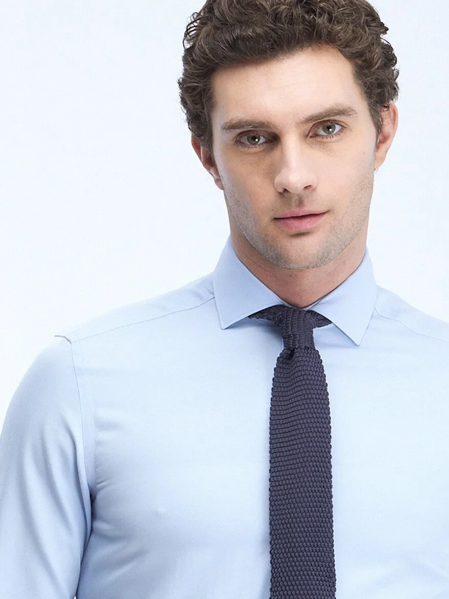 Light Blue Plain Regular Fit Weaving Classical Cotton Blended Shirt - 1