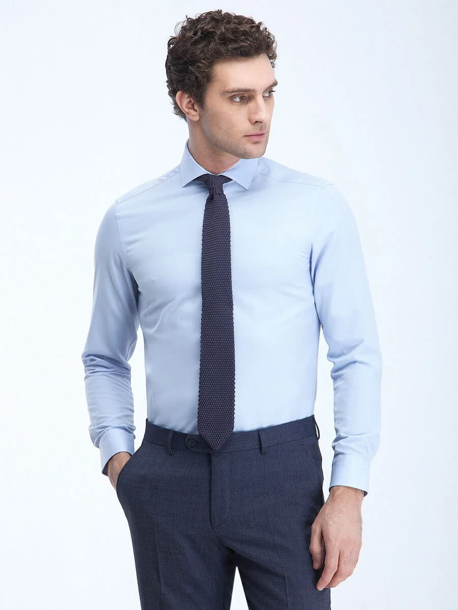 Light Blue Plain Regular Fit Weaving Classical Cotton Blended Shirt - 2