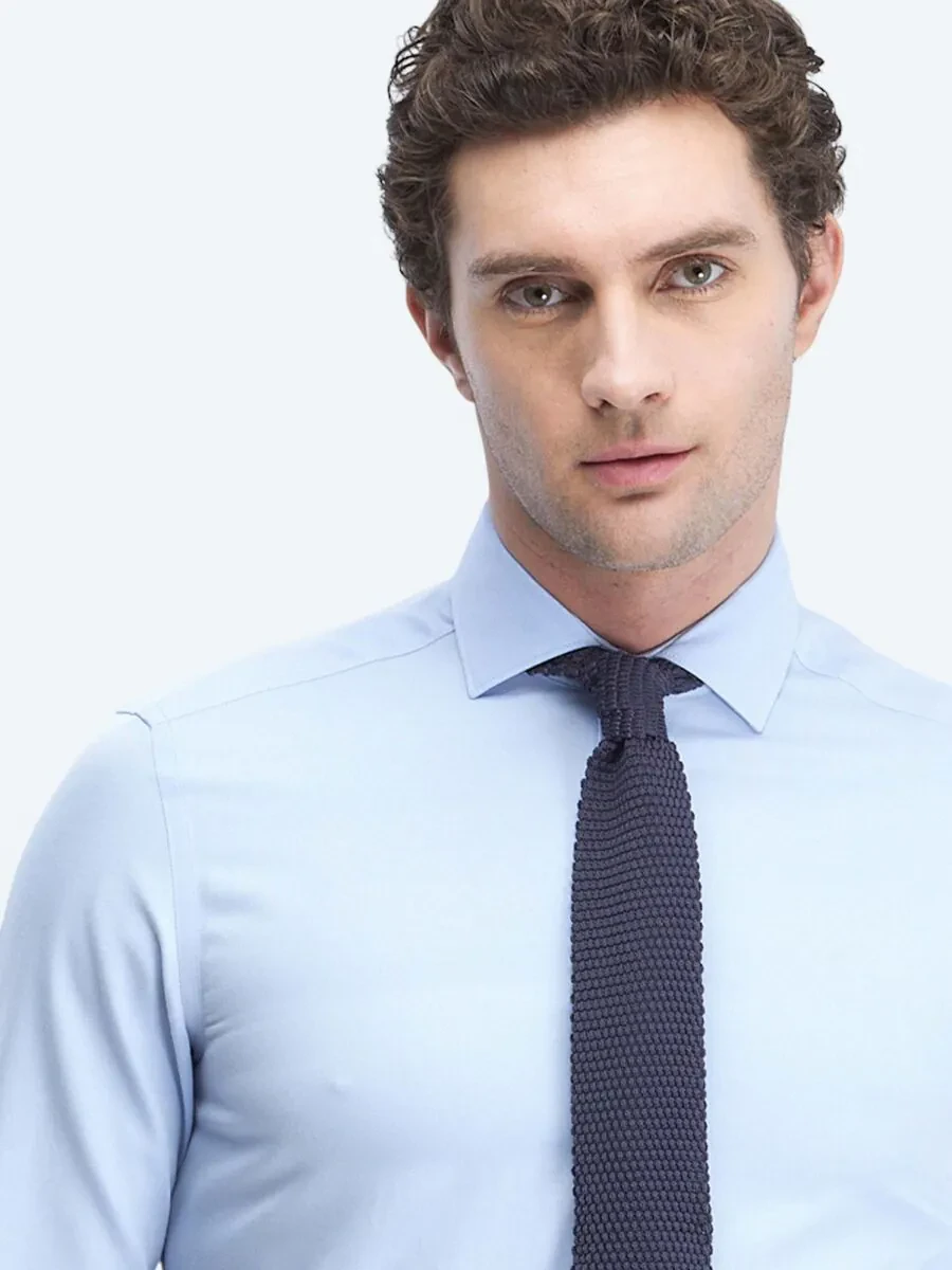 Light Blue Plain Regular Fit Weaving Classical Cotton Blended Shirt - 2