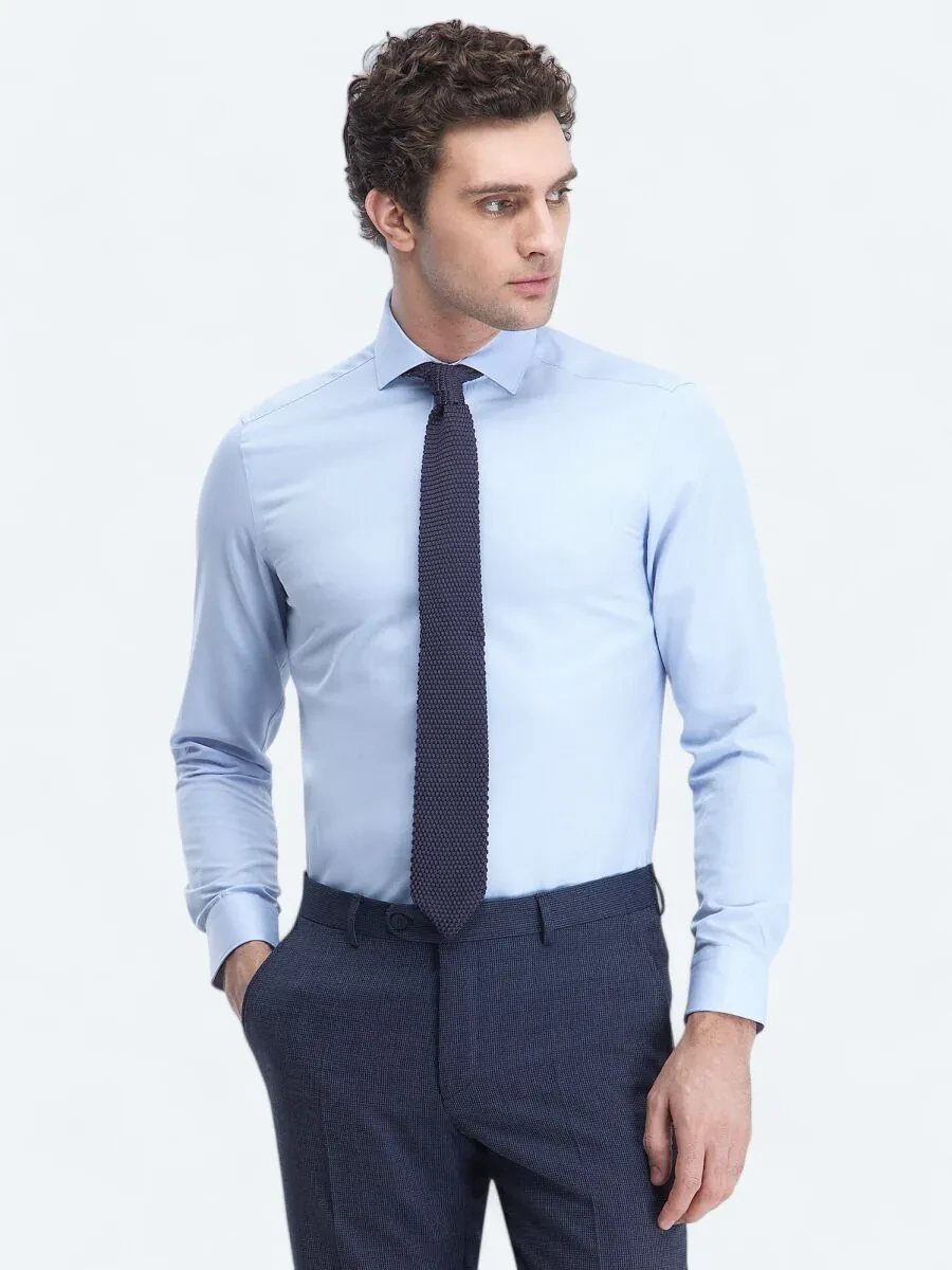 Light Blue Plain Regular Fit Weaving Classical Cotton Blended Shirt - 2