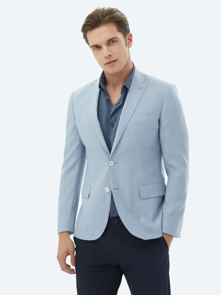 Light Blue Plain Slim Fit Jacket - 3