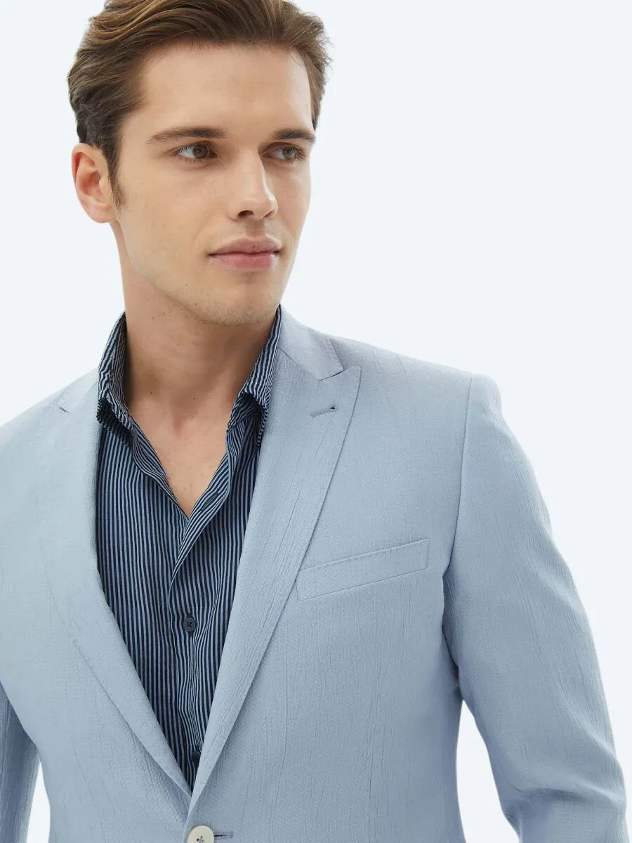 Light Blue Plain Slim Fit Jacket - 5