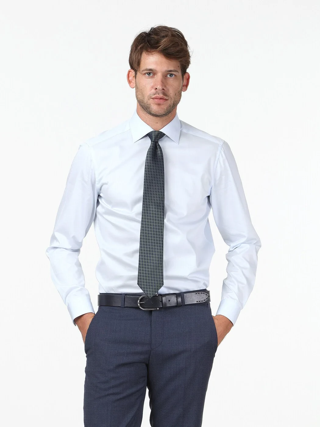 Light Blue Plain Slim Fit Weaving Classical 100% Cotton Shirt - 1