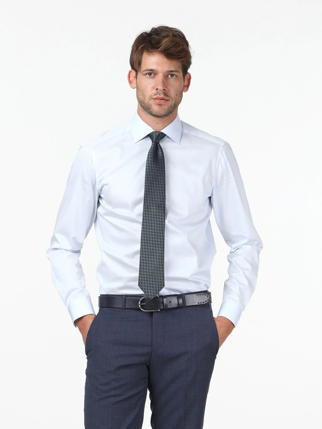 Light Blue Plain Slim Fit Weaving Classical 100% Cotton Shirt - 1