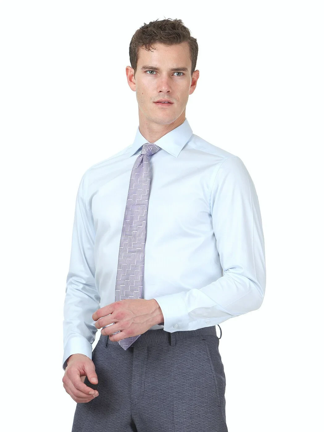 Light Blue Plain Slim Fit Weaving Classical 100% Cotton Shirt - 1
