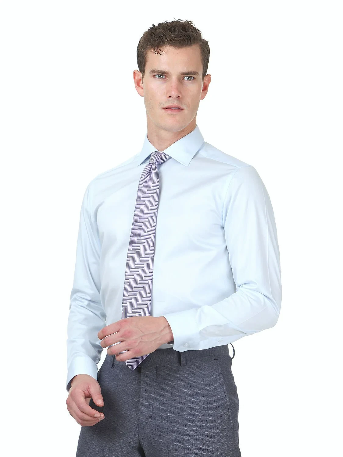 Light Blue Plain Slim Fit Weaving Classical 100% Cotton Shirt - 1