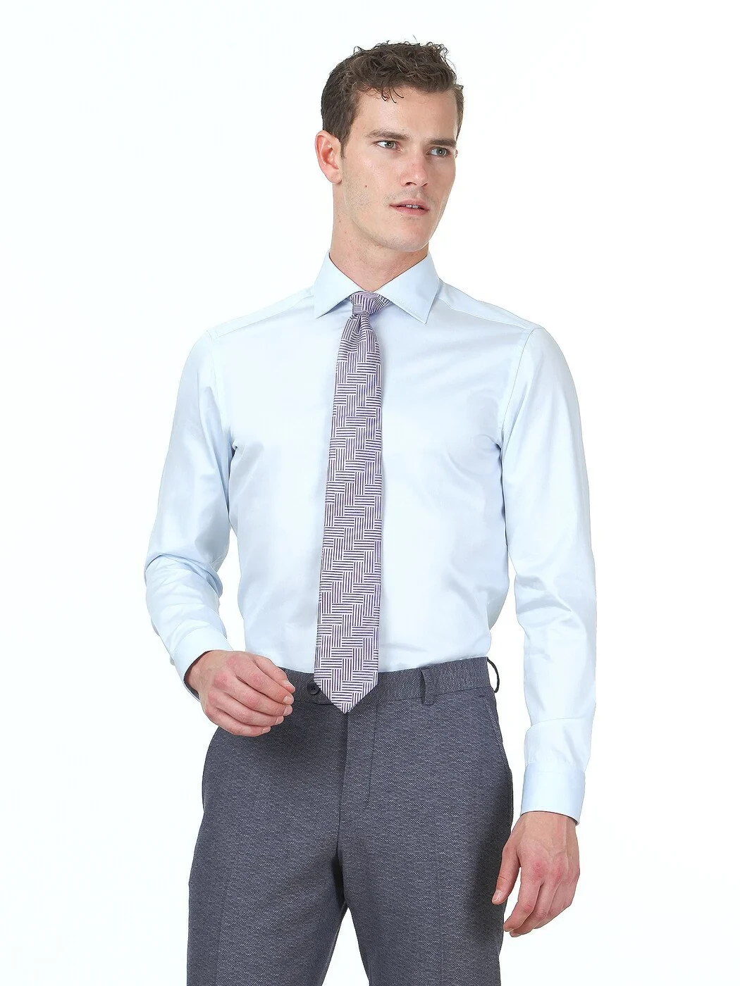 Light Blue Plain Slim Fit Weaving Classical 100% Cotton Shirt - 3
