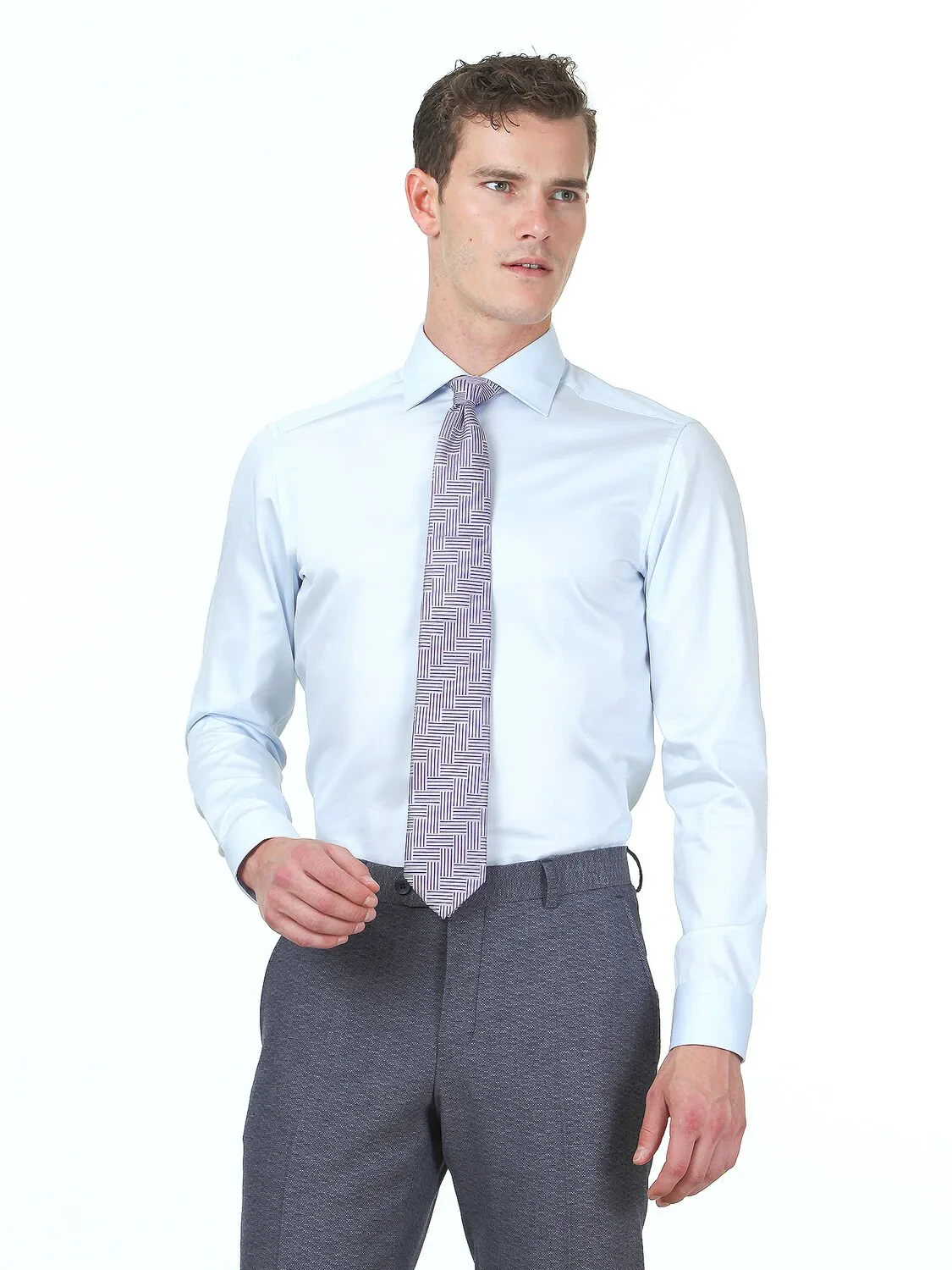 Light Blue Plain Slim Fit Weaving Classical 100% Cotton Shirt - 3