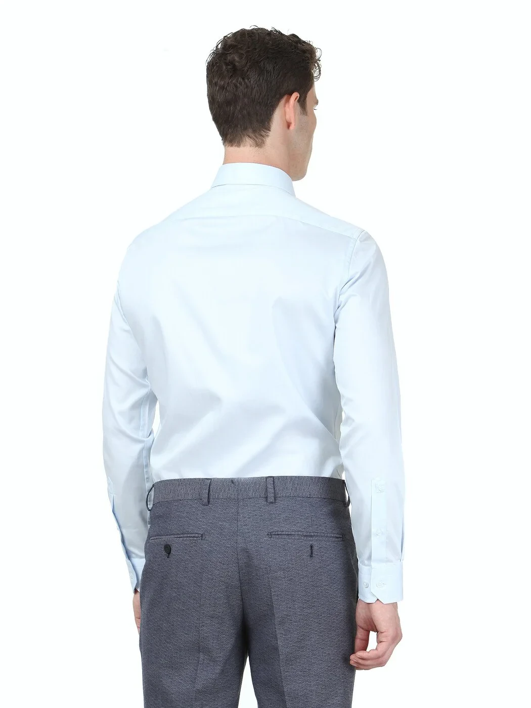 Light Blue Plain Slim Fit Weaving Classical 100% Cotton Shirt - 4