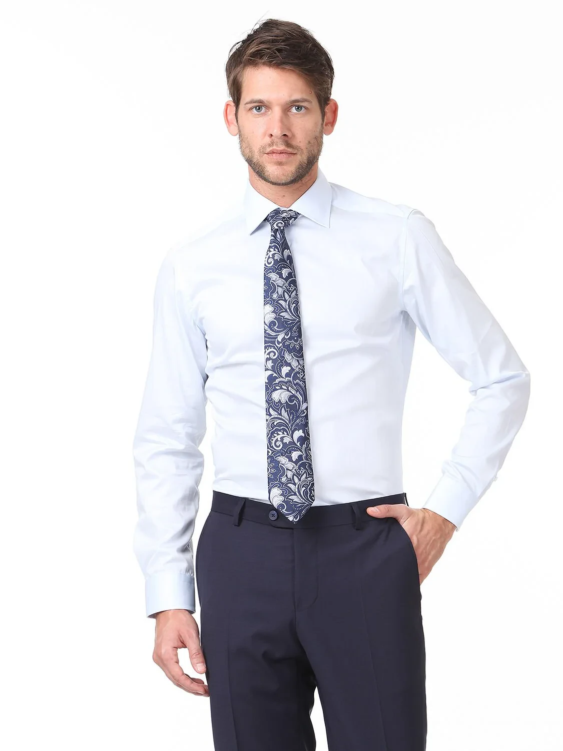 Light Blue Plain Slim Fit Weaving Classical 100% Cotton Shirt - 1