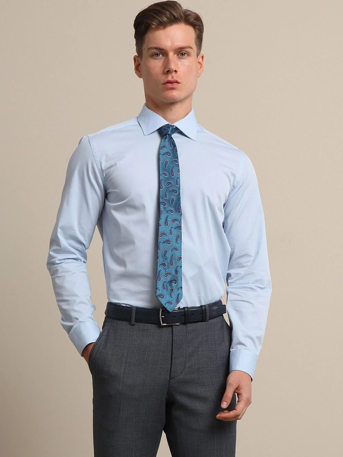 Light Blue Plain Slim Fit Weaving Classical 100% Cotton Shirt - 1