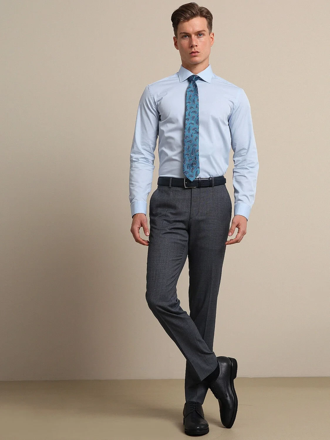 Light Blue Plain Slim Fit Weaving Classical 100% Cotton Shirt - 2