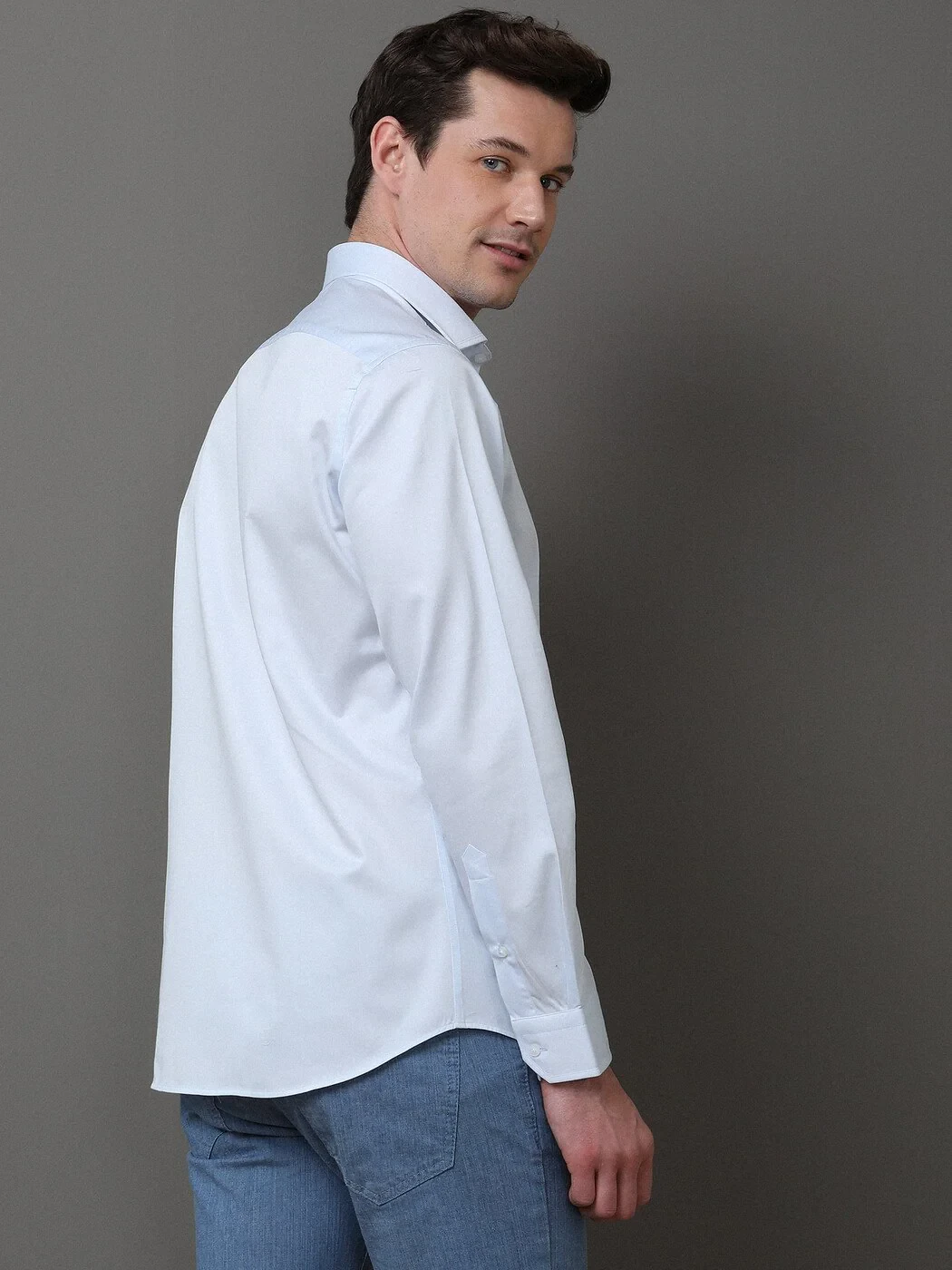 Light Blue Plain Slim Fit Weaving Classical 100% Cotton Shirt - 5