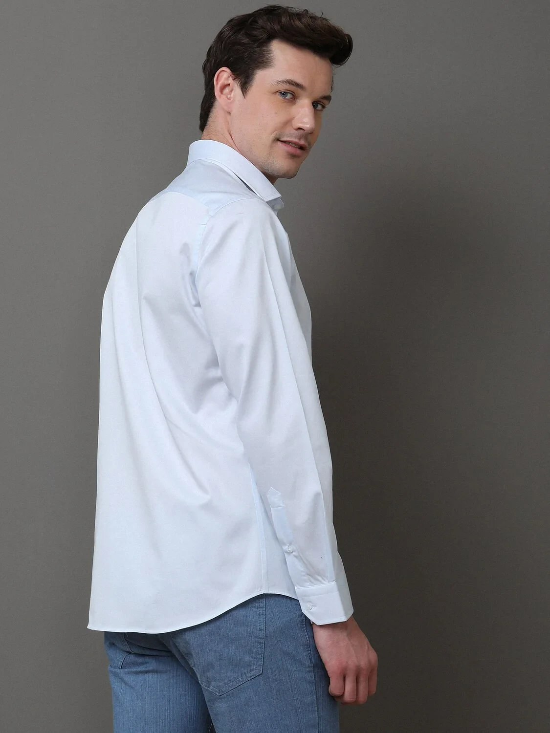 Light Blue Plain Slim Fit Weaving Classical 100% Cotton Shirt - 5