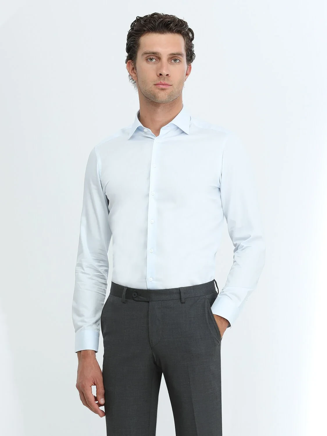Light Blue Plain Slim Fit Weaving Classical 100% Cotton Shirt - 1