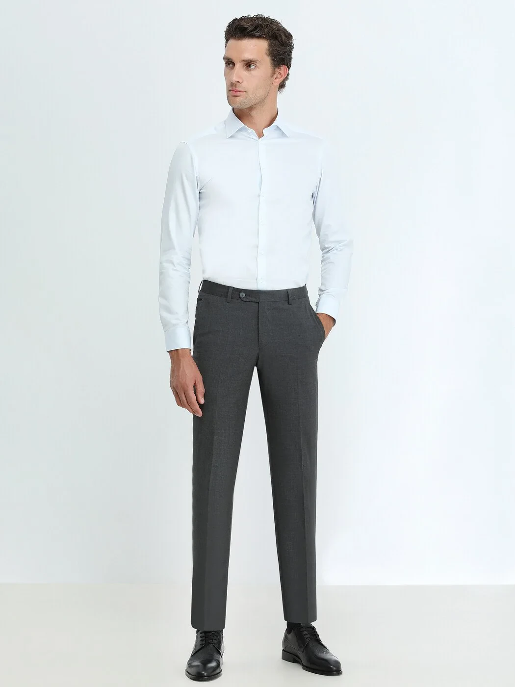 Light Blue Plain Slim Fit Weaving Classical 100% Cotton Shirt - 2