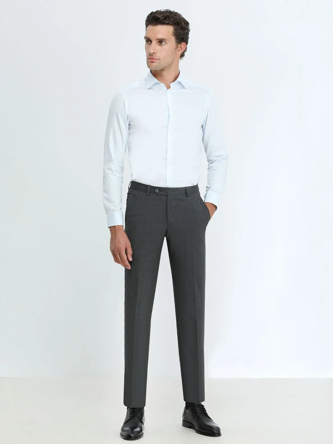 Light Blue Plain Slim Fit Weaving Classical 100% Cotton Shirt - 2