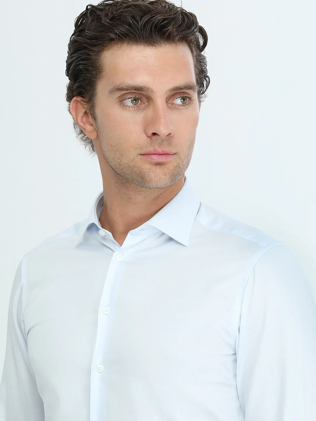 Light Blue Plain Slim Fit Weaving Classical 100% Cotton Shirt - 3