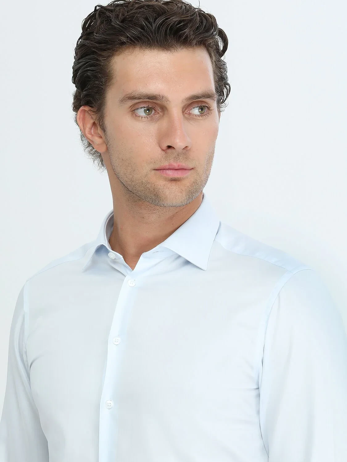 Light Blue Plain Slim Fit Weaving Classical 100% Cotton Shirt - 3