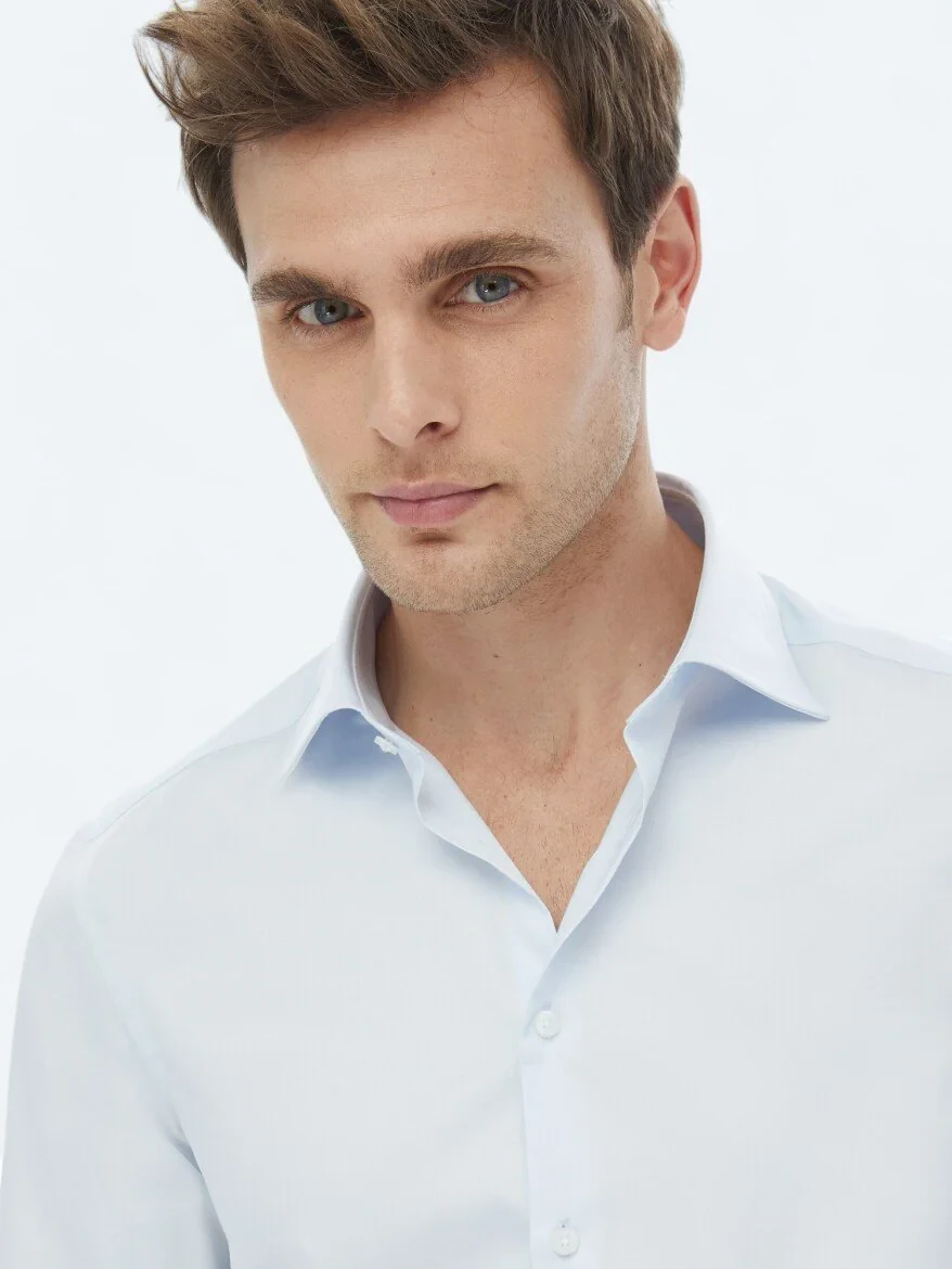Light Blue Plain Slim Fit Weaving Classical 100% Cotton Shirt - 1
