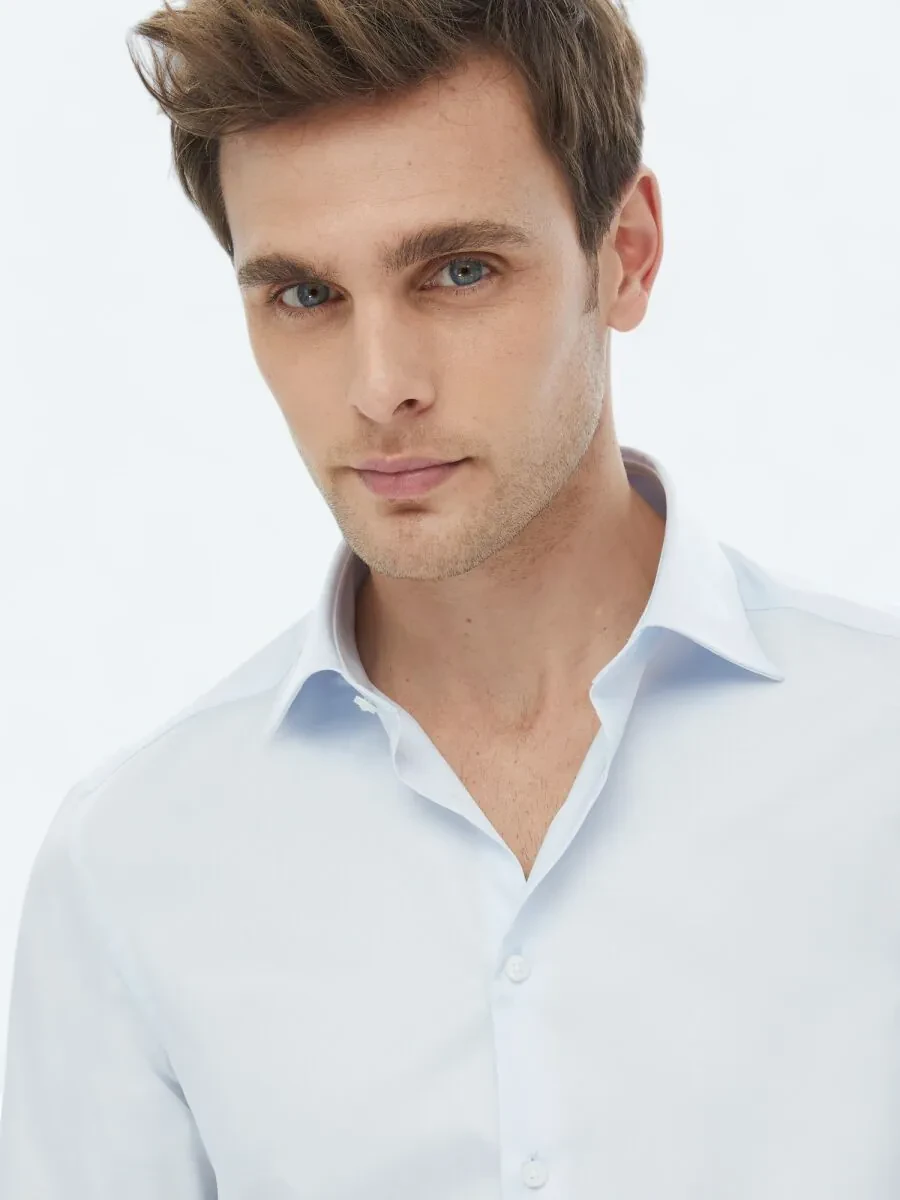 Light Blue Plain Slim Fit Weaving Classical 100% Cotton Shirt - 1