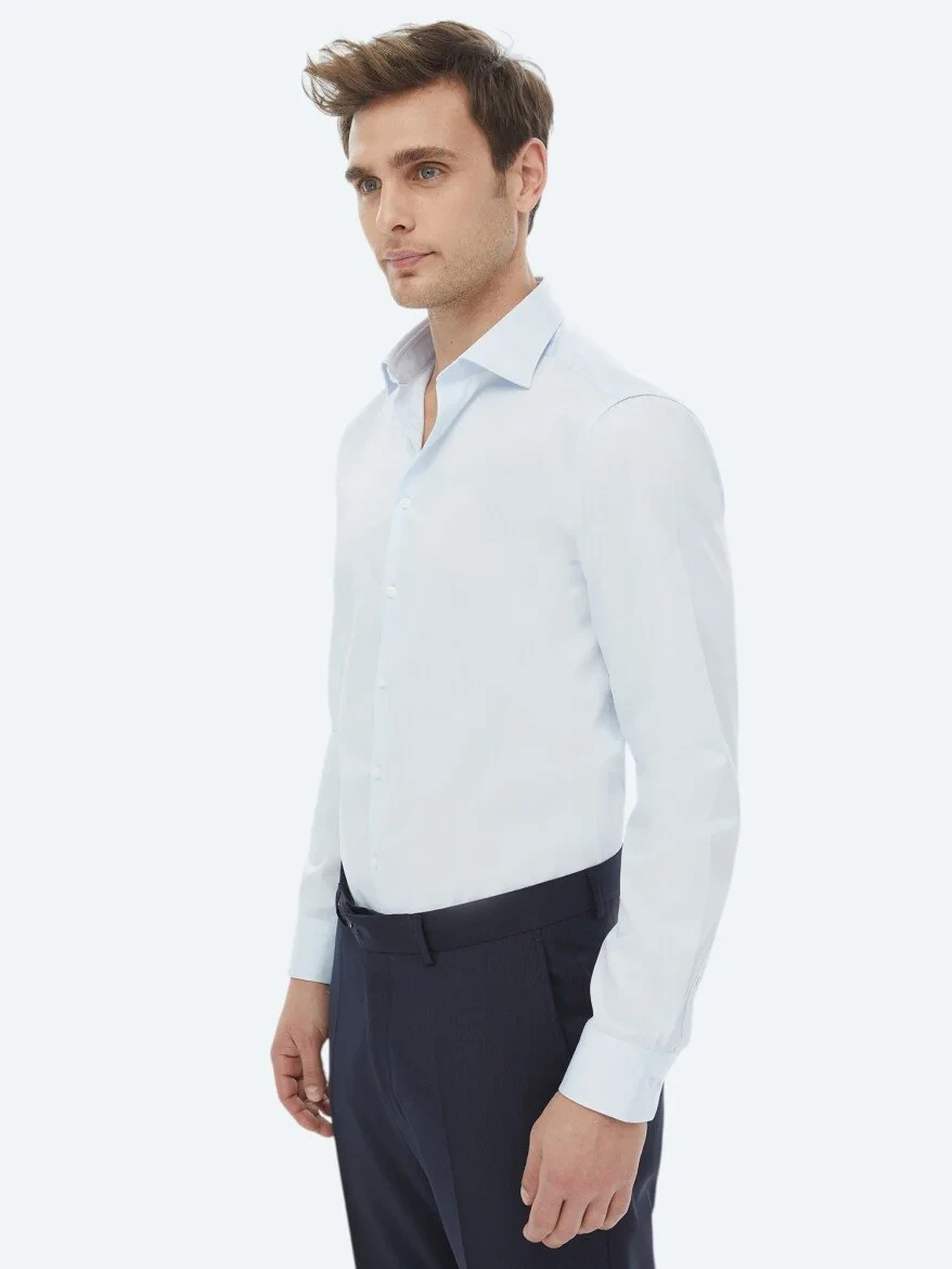 Light Blue Plain Slim Fit Weaving Classical 100% Cotton Shirt - 1