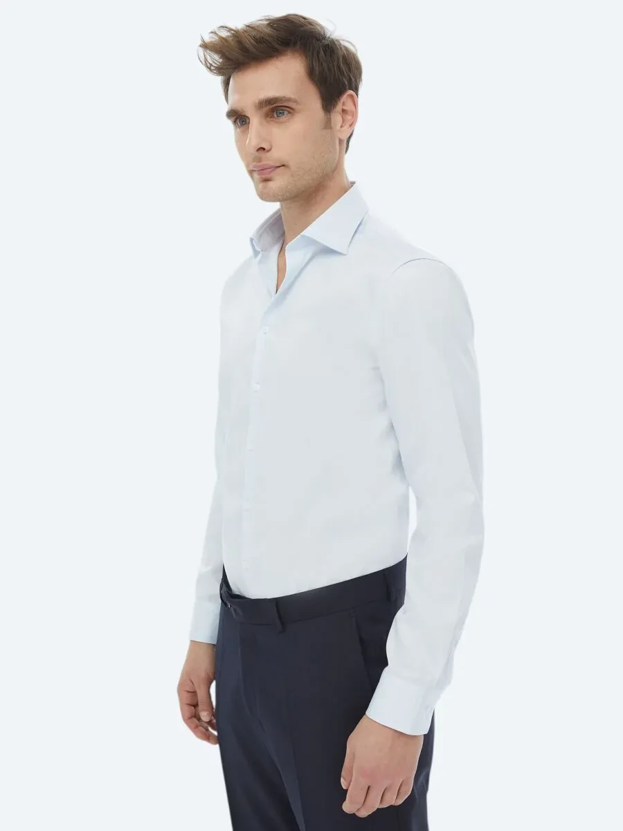 Light Blue Plain Slim Fit Weaving Classical 100% Cotton Shirt - 1