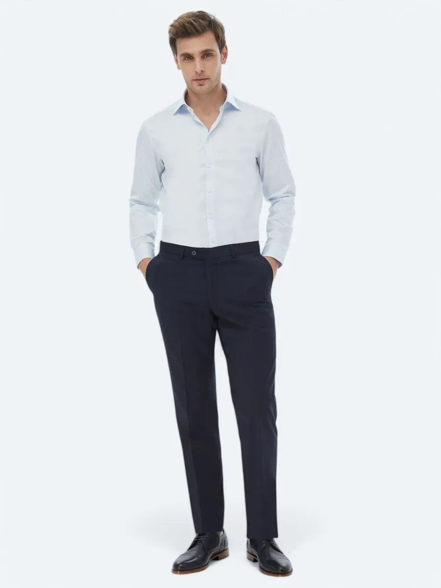 Light Blue Plain Slim Fit Weaving Classical 100% Cotton Shirt - 2