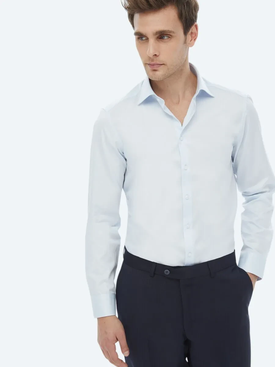 Light Blue Plain Slim Fit Weaving Classical 100% Cotton Shirt - 3
