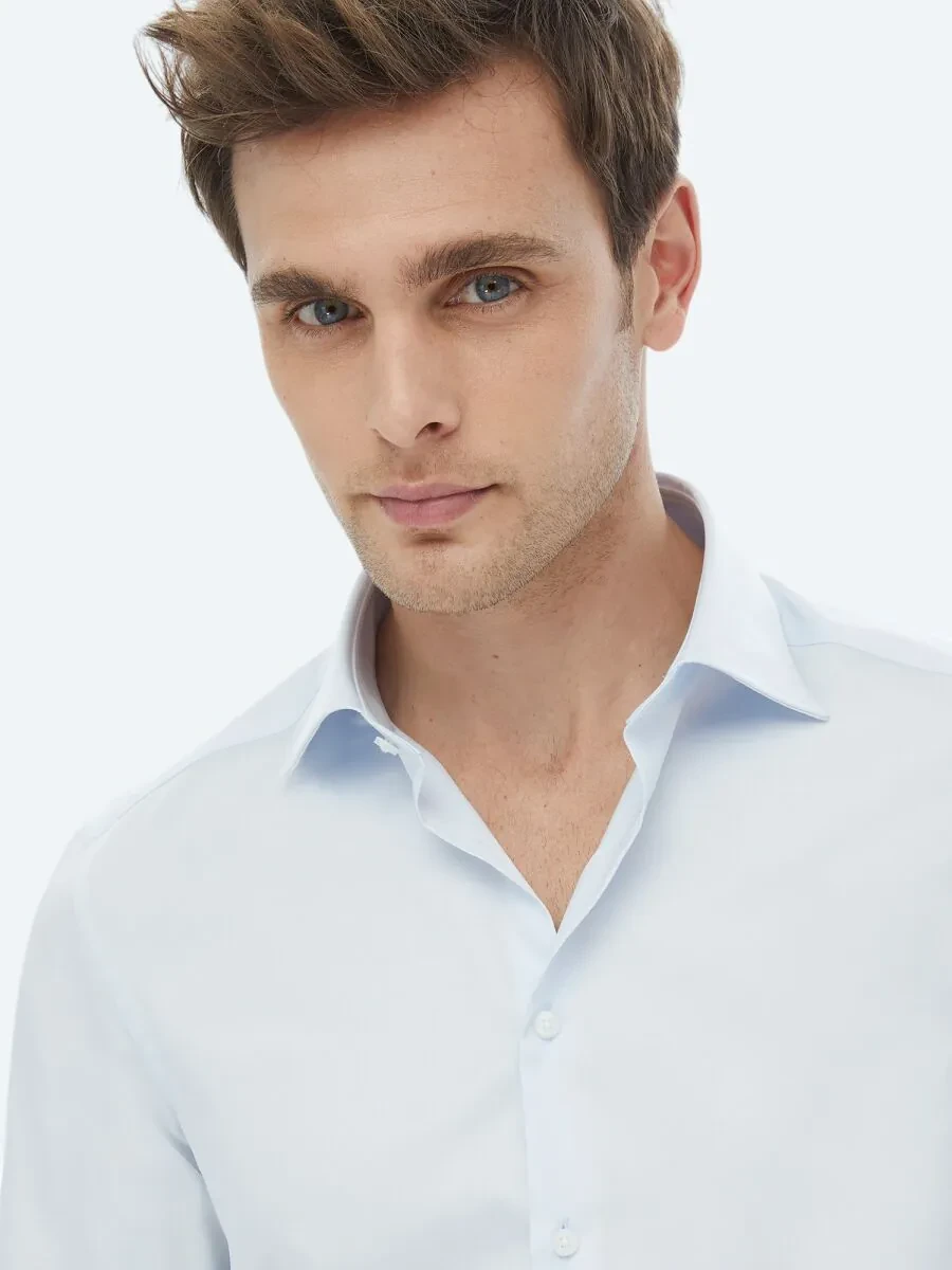 Light Blue Plain Slim Fit Weaving Classical 100% Cotton Shirt - 4