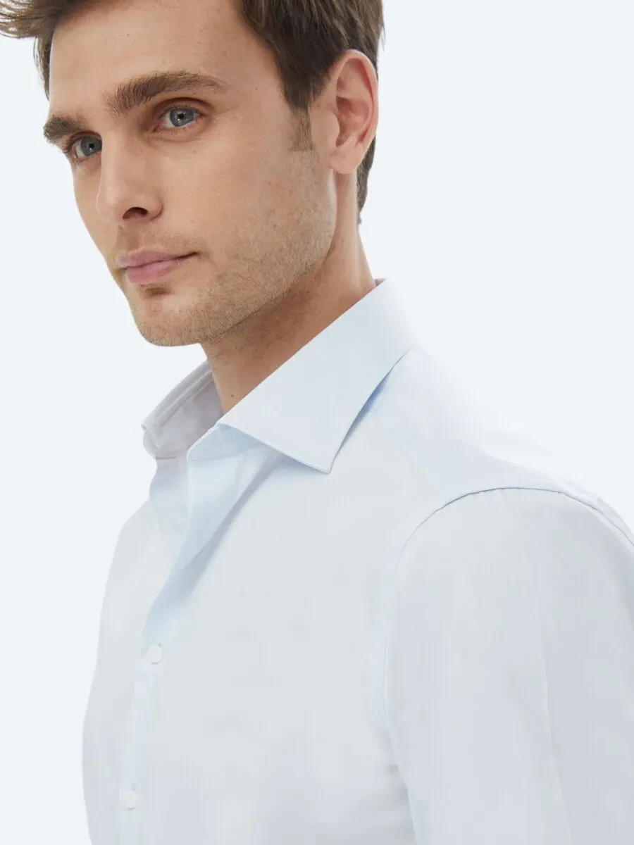 Light Blue Plain Slim Fit Weaving Classical 100% Cotton Shirt - 5
