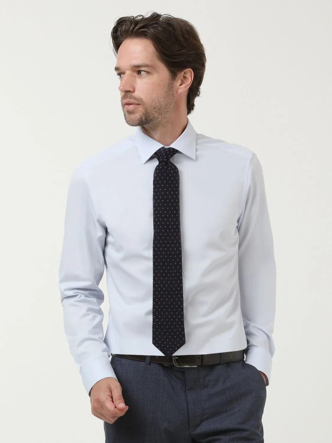 Light Blue Plain Slim Fit Weaving Classical Cotton Blended Shirt - 1