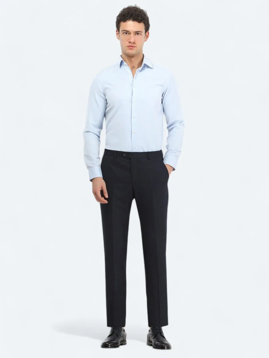 Light Blue Plain Slim Fit Weaving Classical Cotton Blended Shirt - 2