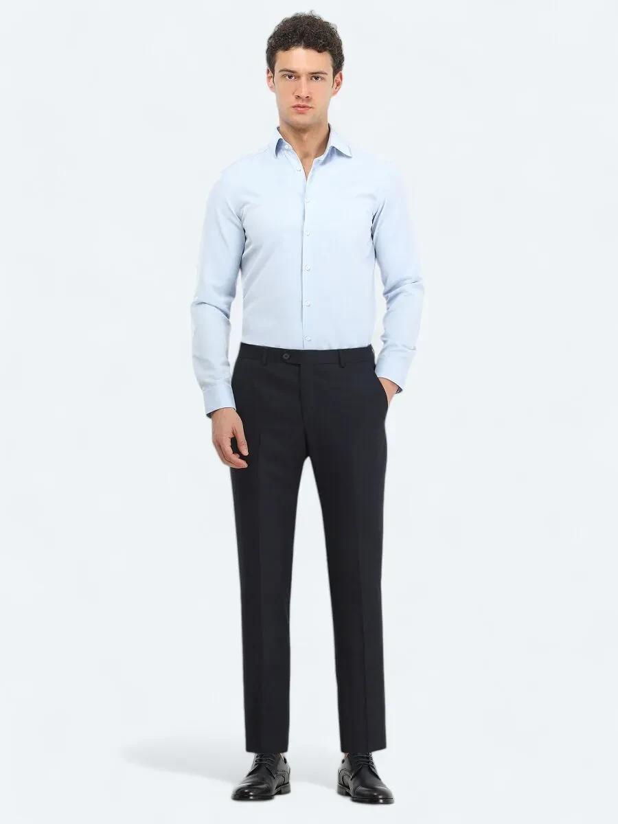 Light Blue Plain Slim Fit Weaving Classical Cotton Blended Shirt - 2
