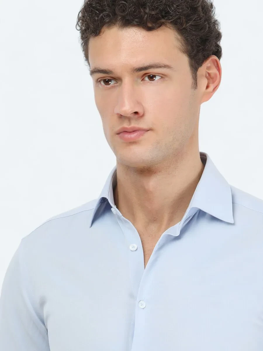 Light Blue Plain Slim Fit Weaving Classical Cotton Blended Shirt - 3