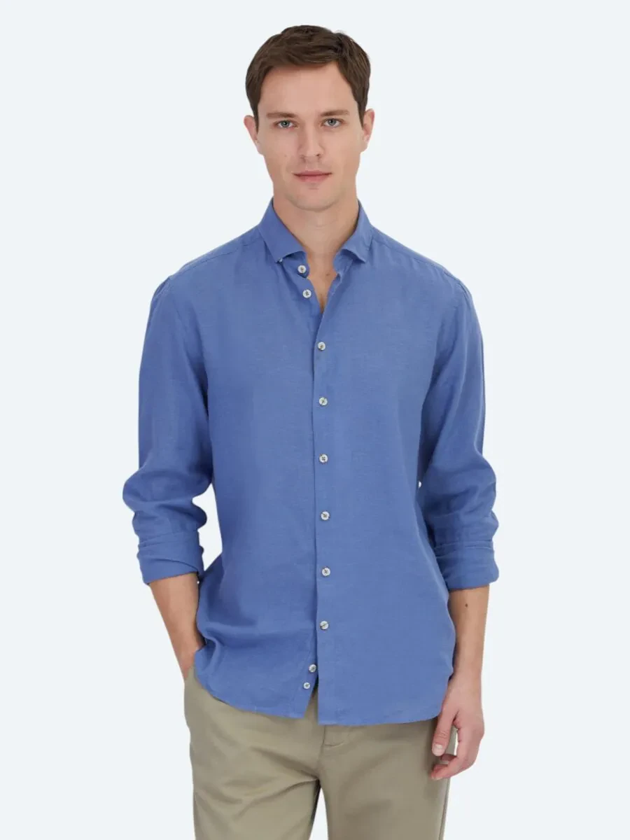 Light Blue Plain Weaving Casual Cotton Blended Shirt - 1