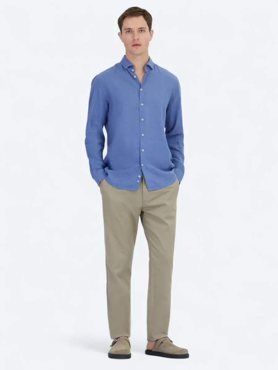 Light Blue Plain Weaving Casual Cotton Blended Shirt - 2