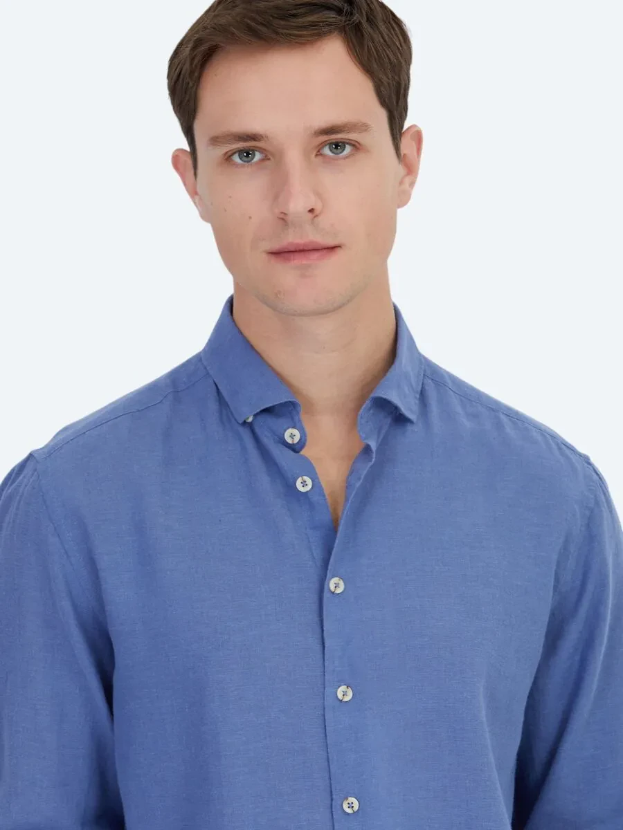 Light Blue Plain Weaving Casual Cotton Blended Shirt - 3